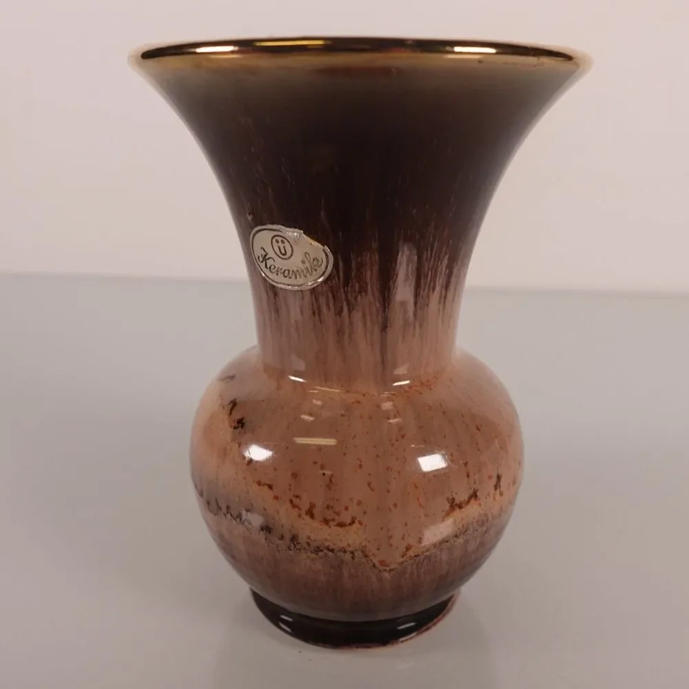 Vintage Keramik Western Germany Drip Glaze Trumpet Neck Vase Brown Gold Rim 5